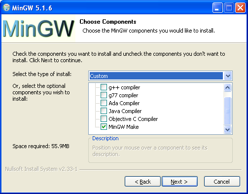 MinGW Installation - Komponentenauswahl